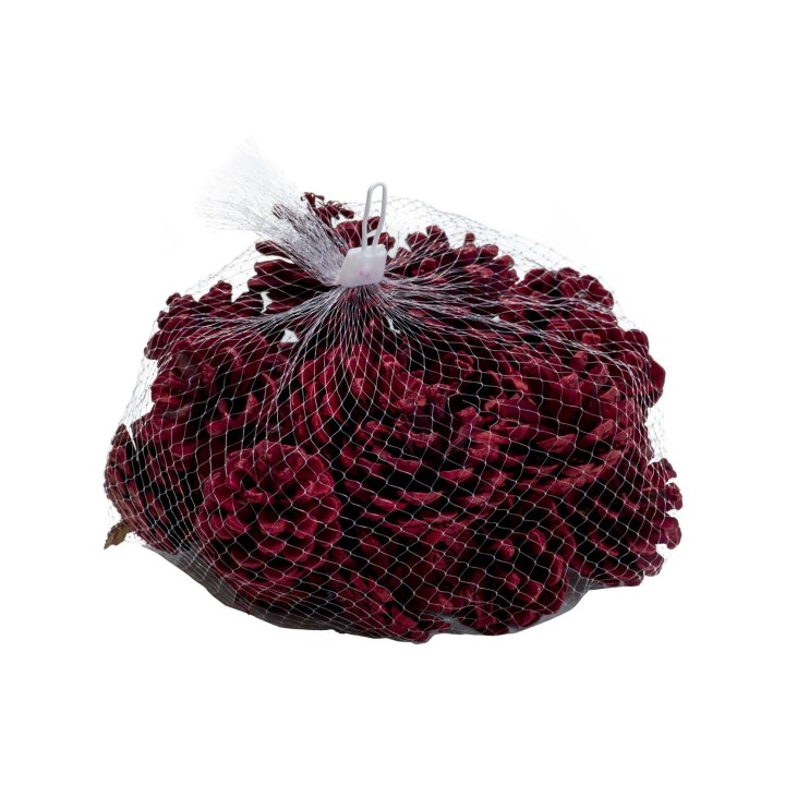 A mesh bag filled with deep red, decorative pine cones.