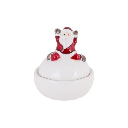 Witte porseleinen schaal met een feestelijke kerstman bovenop in rood en grijs.