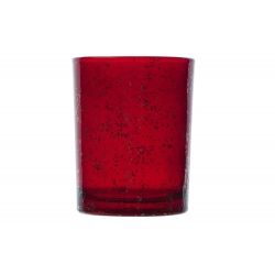 A vibrant red glass cup with a textured, speckled finish.