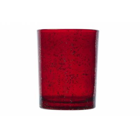 A vibrant red glass cup with a textured, speckled finish. A vibrant red glass cup with a textured, speckled finish.