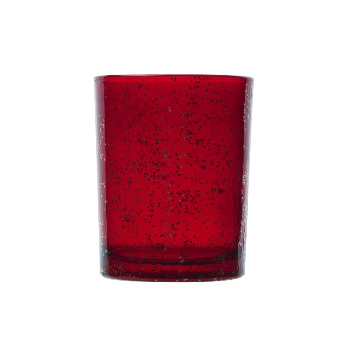 A vibrant red glass cup with a textured, speckled finish.