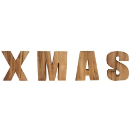 Houten letters vormen het woord 'XMAS' in een natuurlijke, warme tint.
