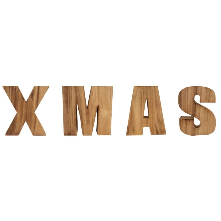 Wooden letters spelling "XMAS" in a natural finish, showcasing a warm, rustic style.