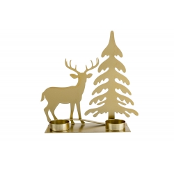 A gold metal candle holder featuring a deer and a pine tree silhouette.