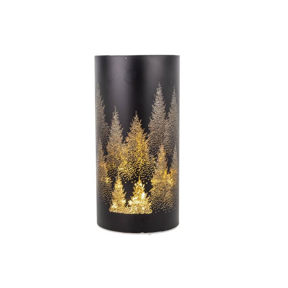 Zwarte kaarsenhouder met gouden boommotieven, sfeervol en elegant design.