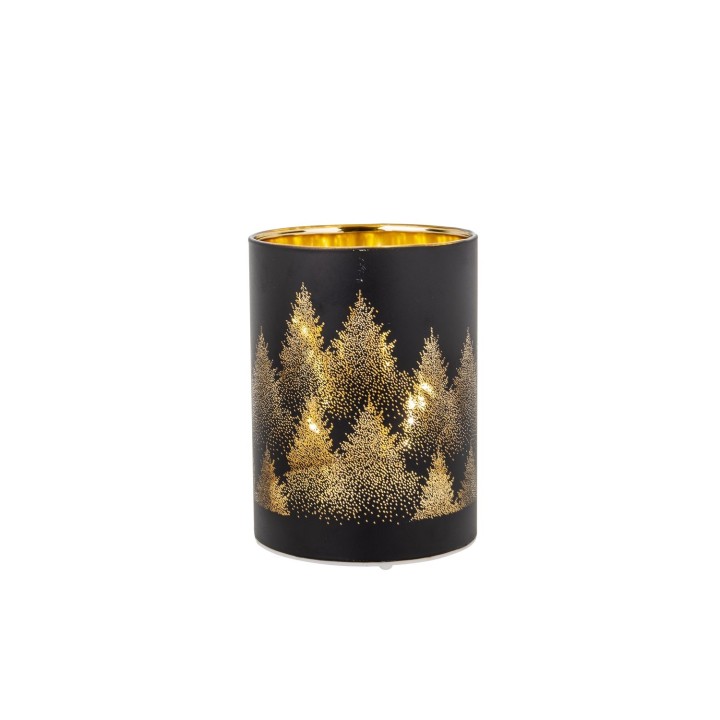 Vase noir décoré d'arbres dorés, intérieur brillant, élégant et festif.