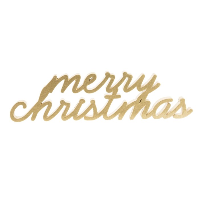 Elegant gold script spelling "merry Christmas" with a flowing, cursive style.
