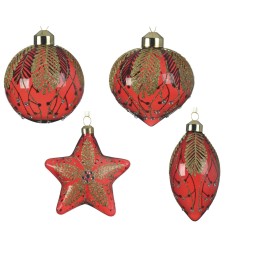Ornements de Noël rouges, ornés de dorures et de motifs festifs, en diverses formes.