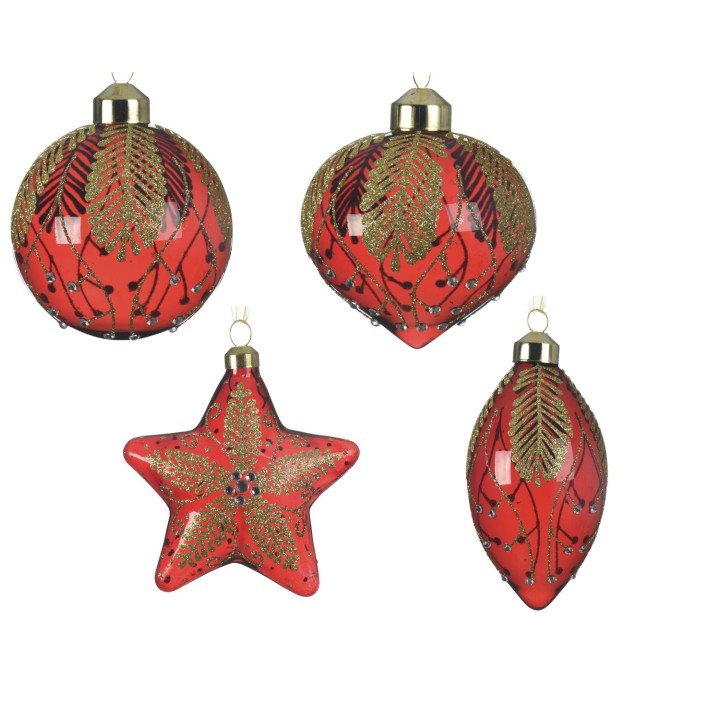 Vier feestelijke kerstballen in rood, versierd met gouden bladeren en glinsterende details.