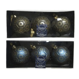Boules de Noël élégantes, noires et dorées, ornées de motifs géométriques et flocons.