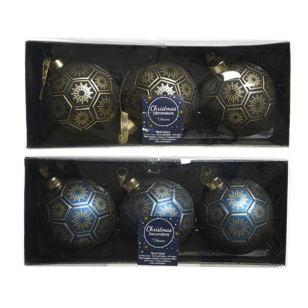 Elegant blue and gold Christmas ornaments in a decorative box, featuring snowflake patterns.