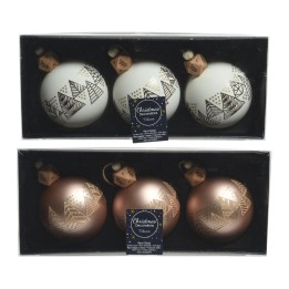 Boules de Noël blanches et cuivrées, motifs géométriques dorés, présentées en boîte.