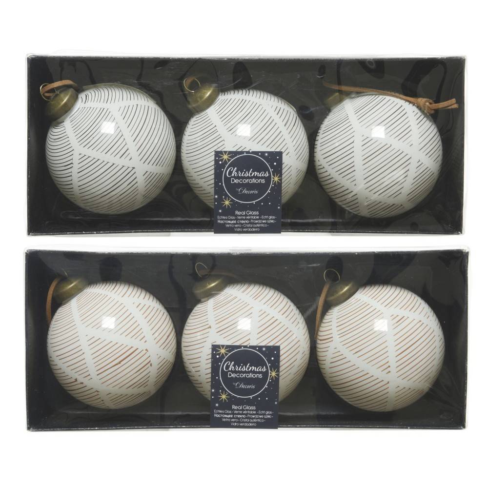 Six decorative Christmas ornaments in white with gold accents and intricate patterns.