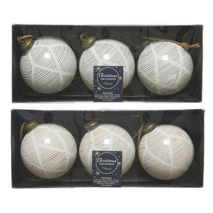 Six decorative Christmas ornaments in white with gold accents and intricate patterns.