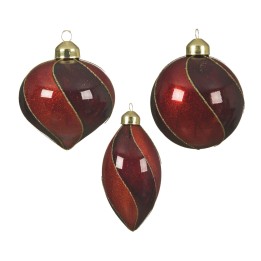 Three festive ornaments in deep red and gold, featuring elegant swirls and shiny finishes.
