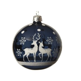 Diepblauwe kerstbal met zilveren rendieren en sterren, glanzend en elegant afgewerkt.