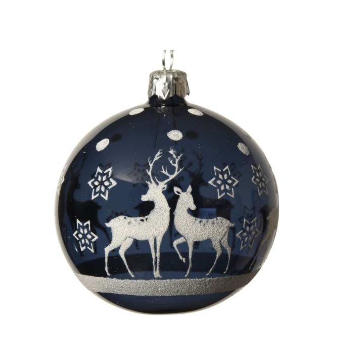 A dark blue ornament featuring silver reindeer and snowflakes against a glossy finish.