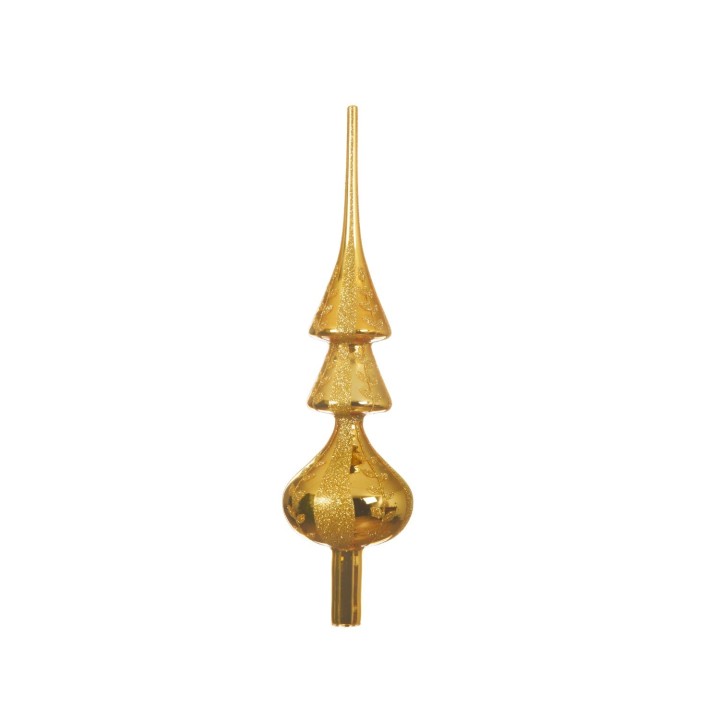 A shiny gold decorative finial with layered, conical shapes tapering to a pointed top.