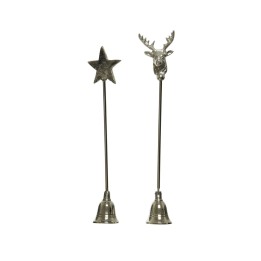 Two decorative cocktail picks with a star and a reindeer head on top, both metallic.