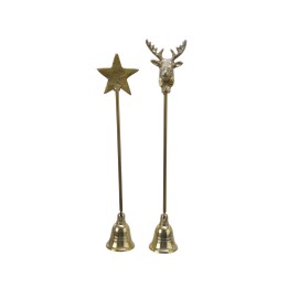 Deux cloches décoratives en métal, l'une avec une étoile, l'autre avec une tête de cerf.