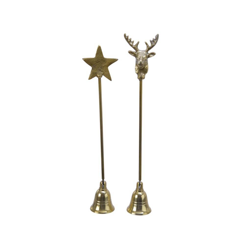 Two decorative brass bells with a star and a deer head on top, elegant and festive.