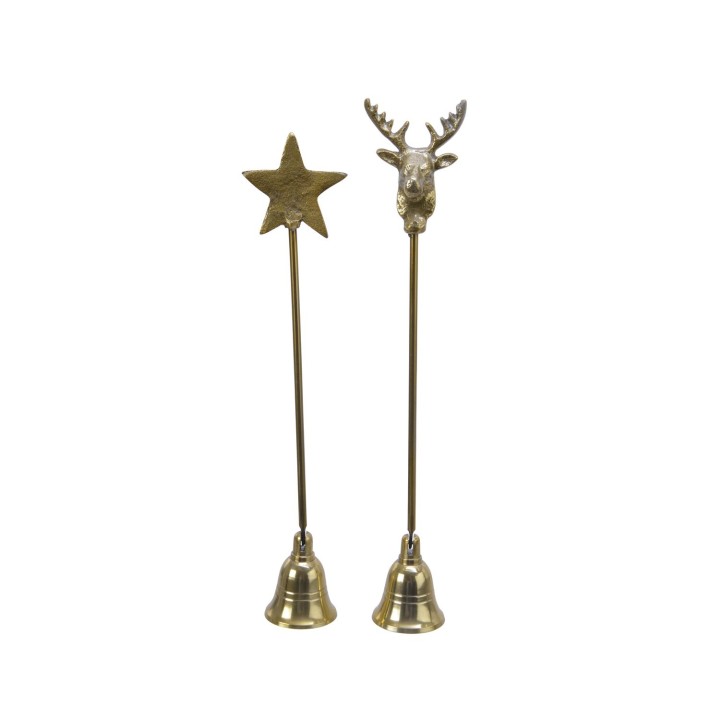 Two decorative brass bells with a star and a deer head on top, elegant and festive.