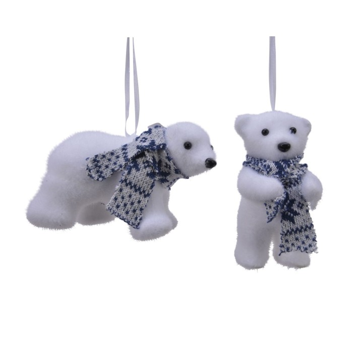 Two fluffy white polar bear decorations wearing blue and white patterned scarves.