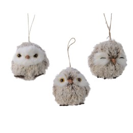 Trois hiboux en peluche aux teintes douces, aux yeux expressifs et au style câlin.