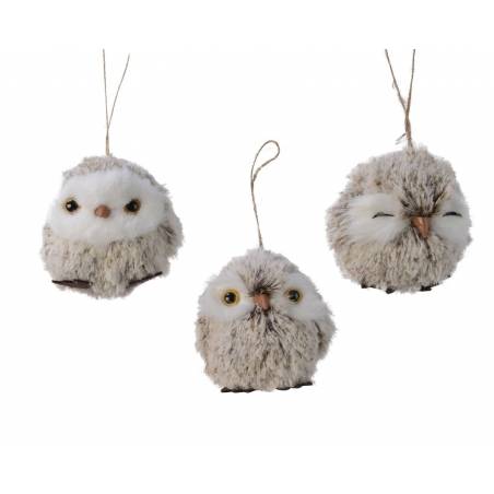 Set of 3 Hanging owls in beige fur