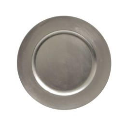 A round, brushed metal plate with a smooth surface and slightly raised edge.