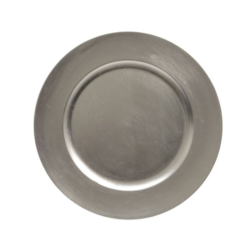 Assiette en métal argenté, circulaire, surface lisse et brillante, au design épuré.