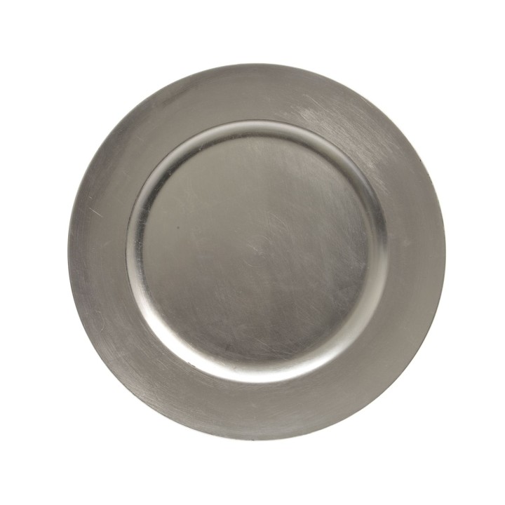 A round, brushed metal plate with a smooth surface and slightly raised edge.