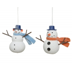 Two cheerful snowmen ornaments, one with a blue scarf and the other with an orange scarf.