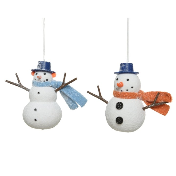 Twee schattige sneeuwpoppen met hoedjes, sjaals en takkenarmen, versierd met glitters.
