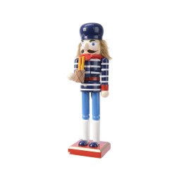 A colorful wooden nutcracker soldier in blue and white stripes, holding a drumstick.