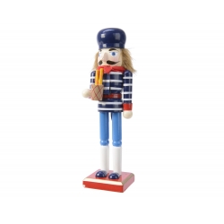 Kleurige notenkraker met blauwe strepen, een hoed, en een houten stok met een snack.