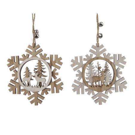 2 Wooden hanging snowflakes with reindeer
