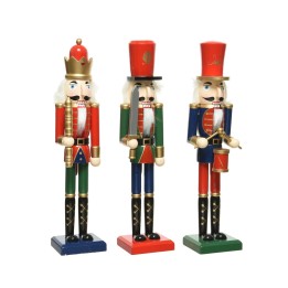 Three colorful nutcracker figurines in festive attire, with detailed facial features and hats.