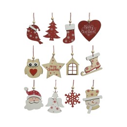 Décorations de Noël colorées en bois, motifs festifs et formes variées.