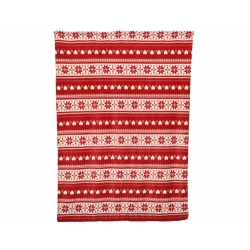 Tissu aux motifs hivernaux rouges et blancs, avec flocons et cœurs stylisés.