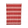Tissu aux motifs hivernaux rouges et blancs, avec flocons et cœurs stylisés.