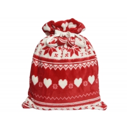 Sac en velours rouge à motifs blancs de cœurs et flocons, style festif et chaleureux.