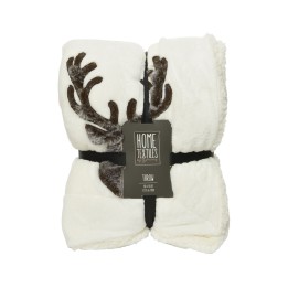 A cozy white throw blanket with plush texture, featuring brown antler accents.