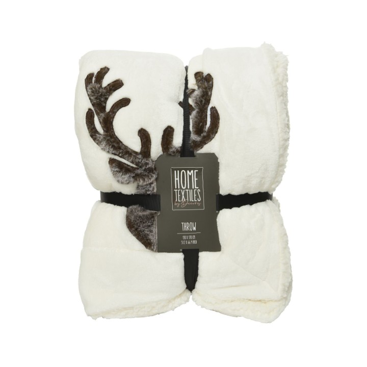 A cozy white throw blanket with plush texture, featuring brown antler accents.