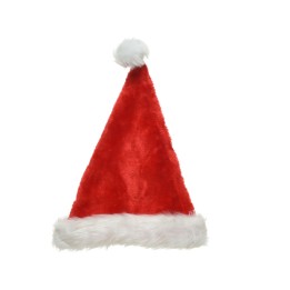 Chapeau de Noël rouge en peluche avec pompon blanc et bordure en fourrure.