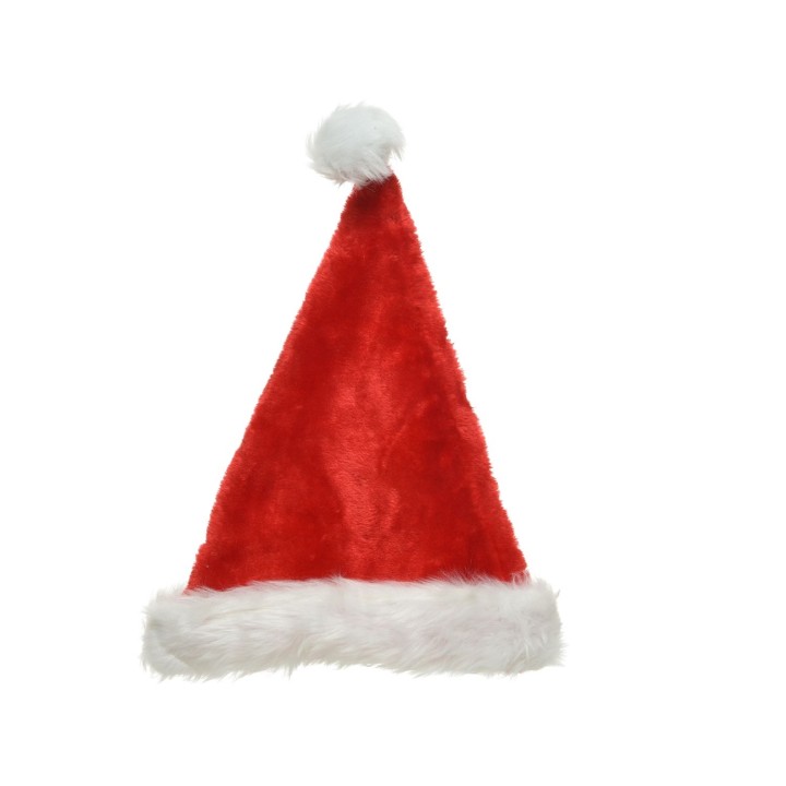 A bright red Santa hat with a fluffy white trim and a pom-pom on top.