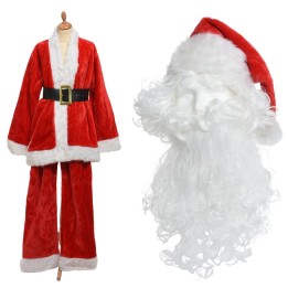 Costume de Père Noël en velours rouge avec ceinture, accompagné d'une barbe et d'un bonnet bla...