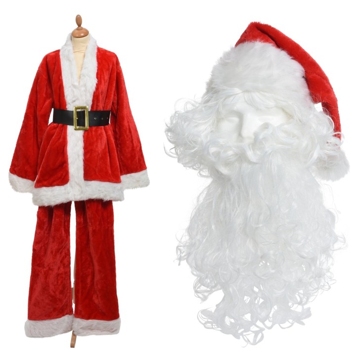A festive Santa suit in red with white trim, alongside a fluffy white beard and hat.