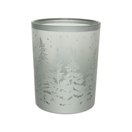 Vase en verre translucide orné de silhouettes d'arbres, dans des teintes grises et argentées.