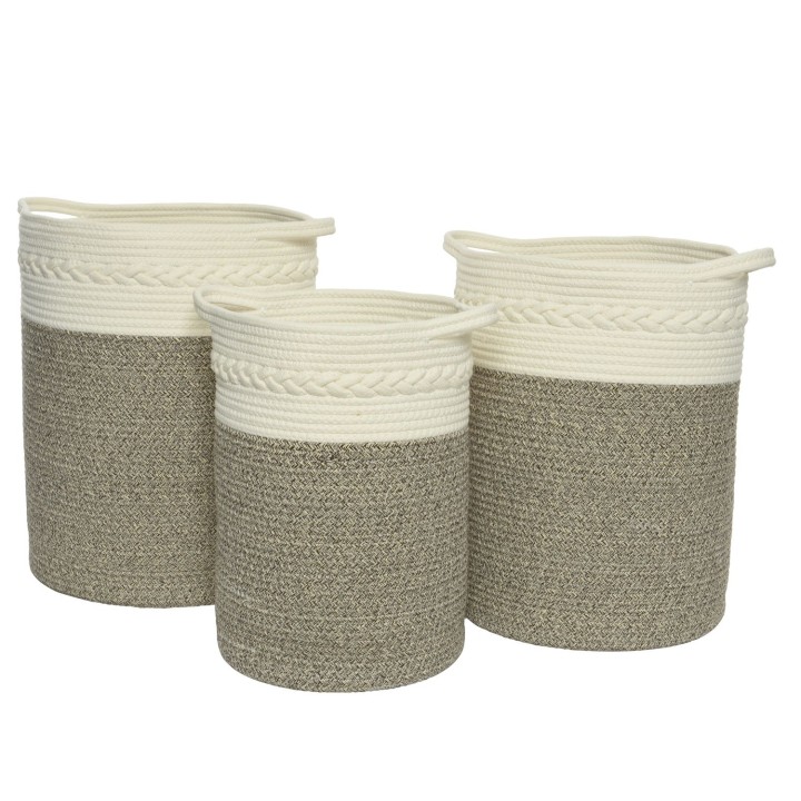 Three woven storage baskets in natural and cream tones, featuring textured patterns and handles.